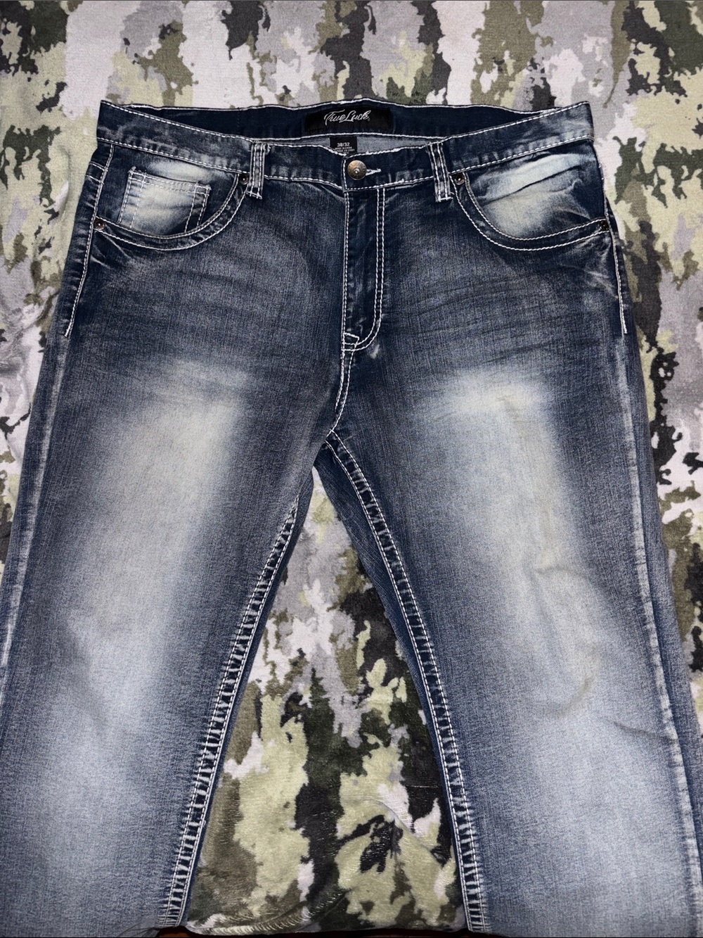 True Luck Men's Light Wash Distressed Bootcut Jeans